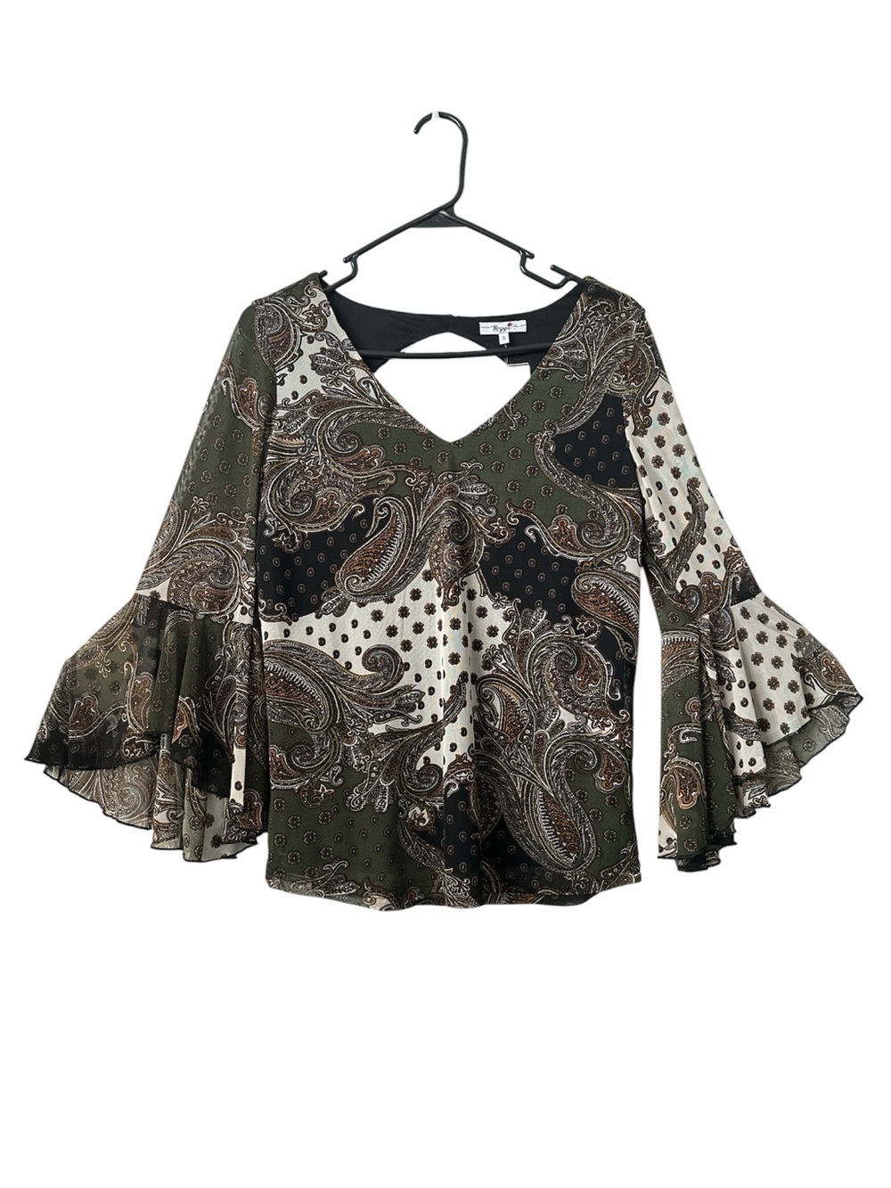 POPPI Olive & Cream Paisley 3/4th Bell-Sleeve Blouse Summer Casual Small - Picture 7 of 8